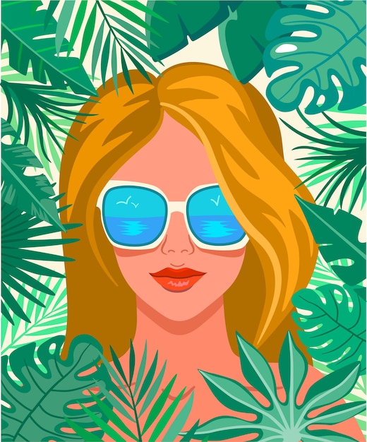 Vettore una ragazza in occhiali da sole e uno sfondo di foglie tropicali