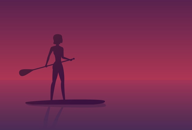 Vector girl on a sup board at sunset