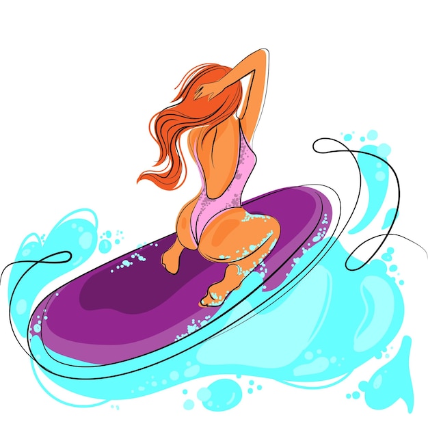 Girl surfer on the boardvector line art minimalistic illustrationPretty woman in a swimsuit