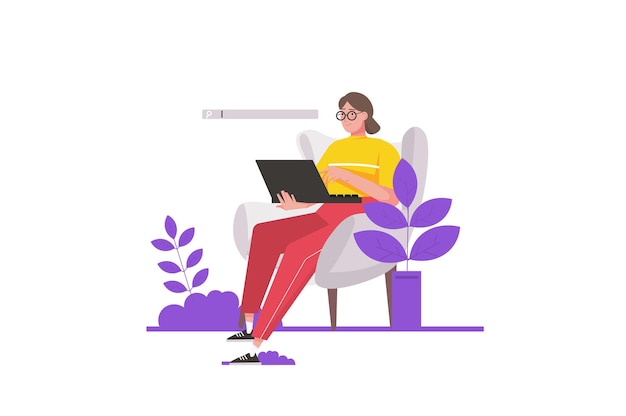 Girl surfing internet concept in flat design. Woman is browsing, searching information and using laptop while sitting in chair at home. Vector illustration with isolated people scene for web banner