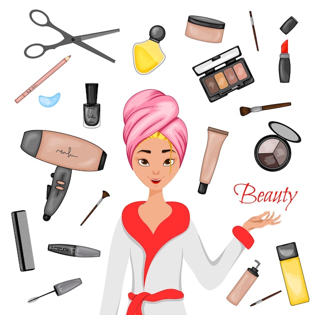 Girl surrounded by beauty items. Cartoon style. Vector illustration.