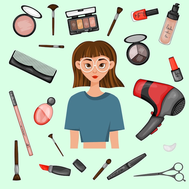 Vector girl surrounded by beauty items cartoon style vector illustration