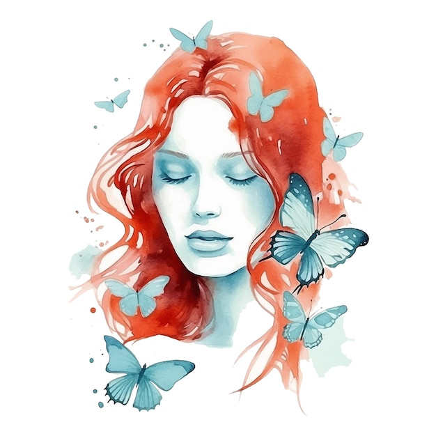 Girl surrounded by butterflies watercolor paint