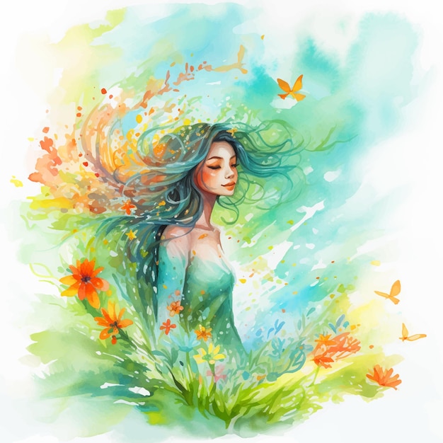 Vector girl surrounded by flowers watercolor paint