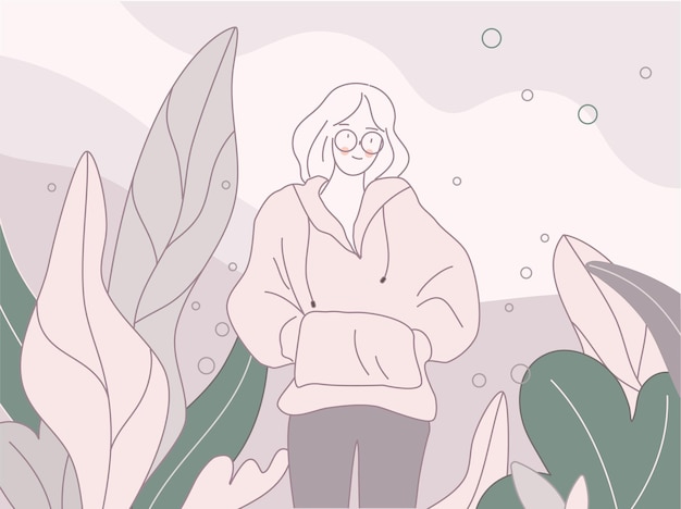Девушка в свитере стоит между иллюстрацией листьев