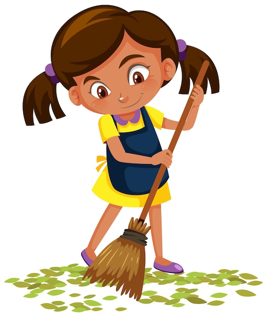 Vector girl sweep the leaves on the floor