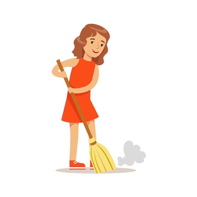 Vector girl sweeping the floor with the broom smiling cartoon kid character helping with housekeeping and doing house cleanup