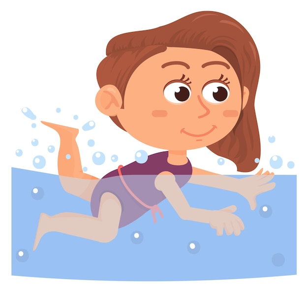 Vector girl swim in water happy child in pool or summer sea