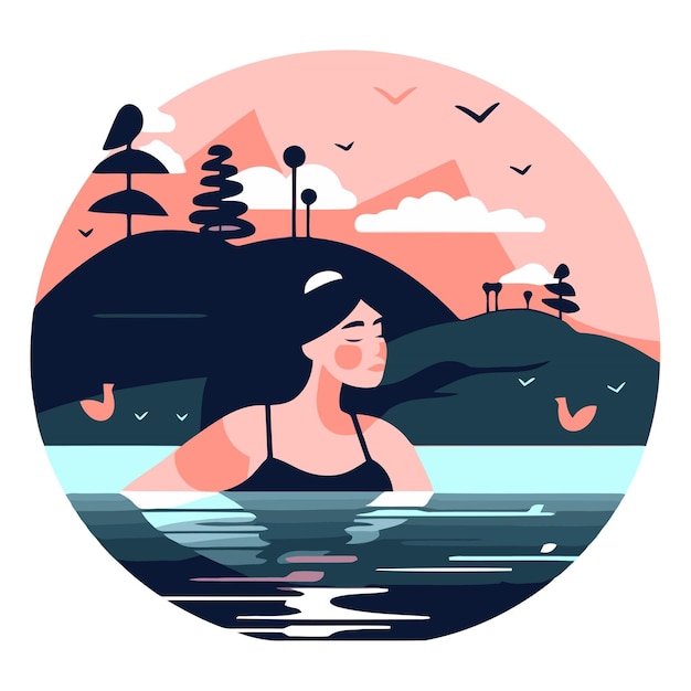 Girl swimming in the lake in a flat style