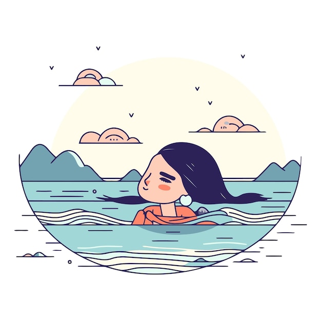Vector girl swimming in the sea in a flat style