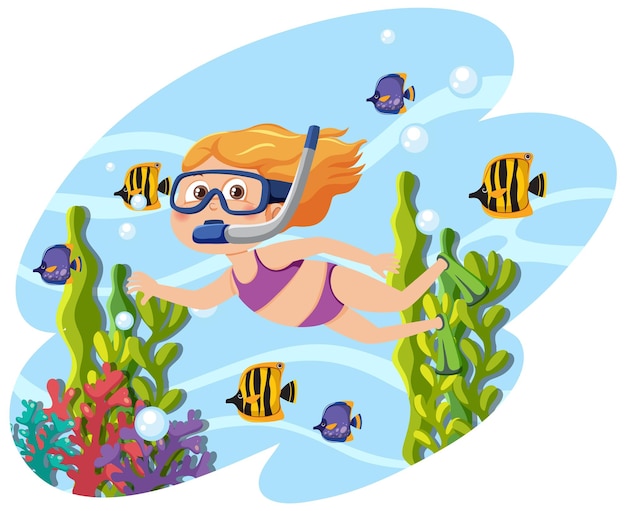 A girl swimming snorkeling underwater