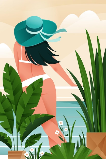 Vector a girl in a swimsuit and a blue hat looks at the sea. summer poster. tropical paradise.