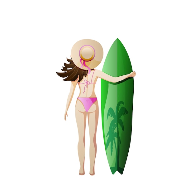 Vector girl in swimsuit and hat with surfboard on white background beatuful girl on a beach vector