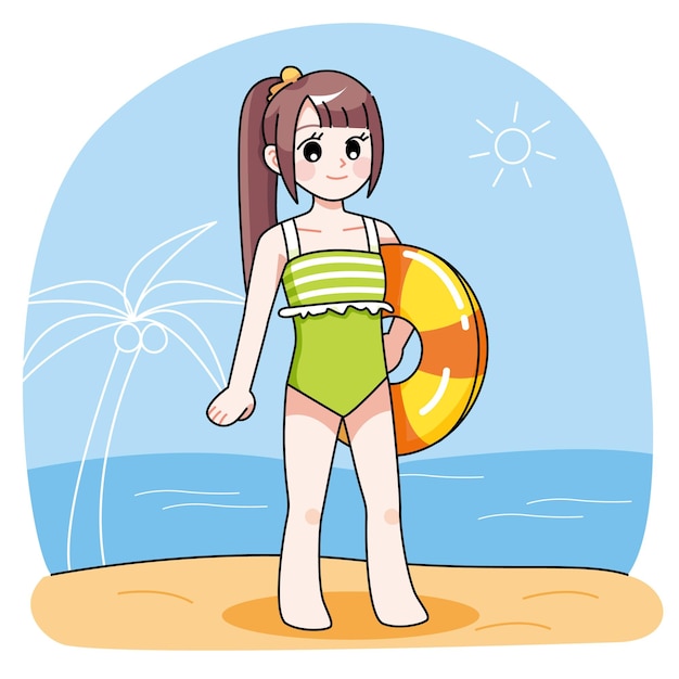 Girl in swimsuit is holding a swim ring standing on the sunny beach