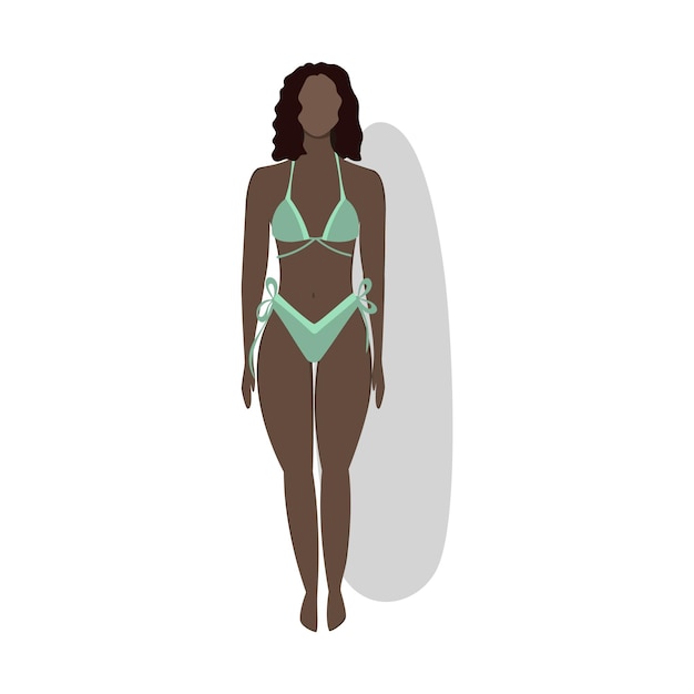 Girl in the swimsuit mint beachwear black hair lifestyle icon card white background vector flat art