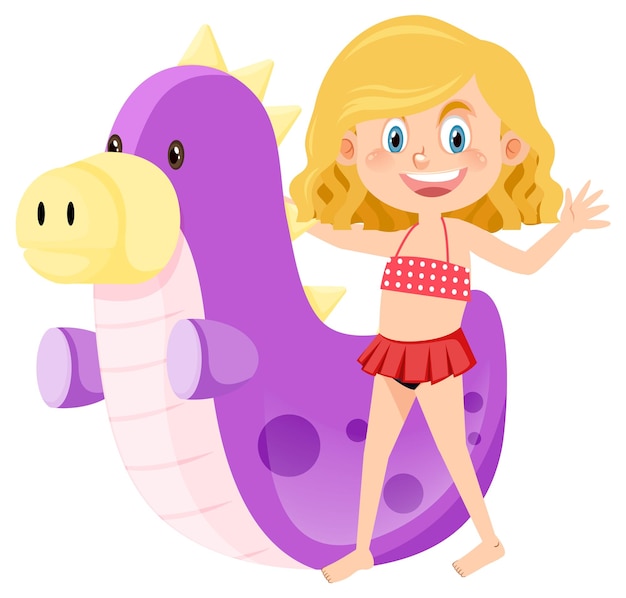 Girl in swimwear next to inflatable dinosaur
