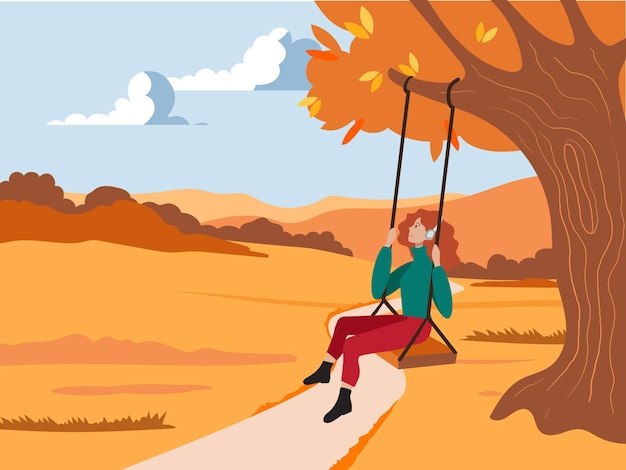 Girl on a swing autumn landscape tree swing vector illustration