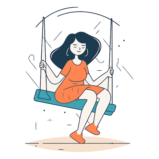 Vector girl swinging on a swing in line art style