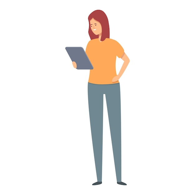 Девушка планшет онлайн работа значок вектор мультфильма интернет образование дистанционное цифровое