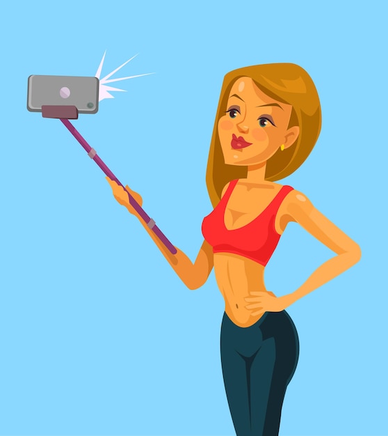 Vector girl take selfie flat cartoon illustration