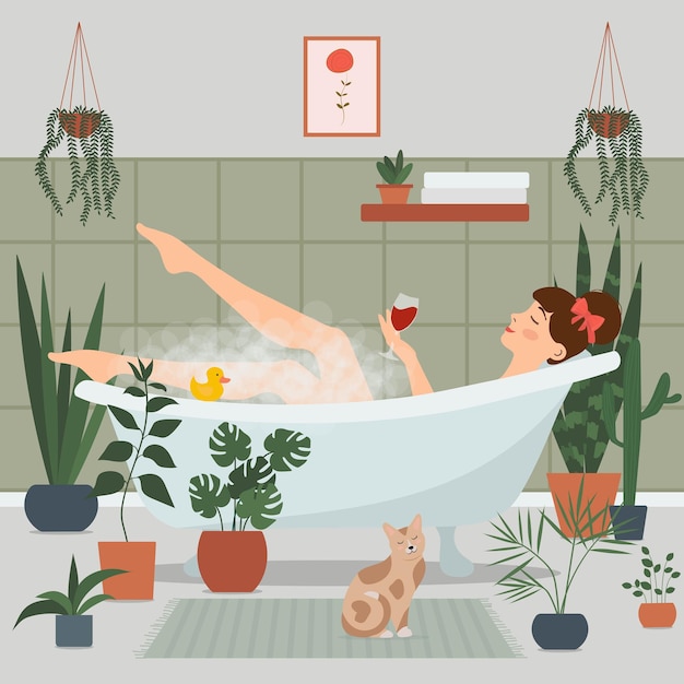 The girl takes a bath with foam and holds a glass of wine in her hand surrounded by potted plants