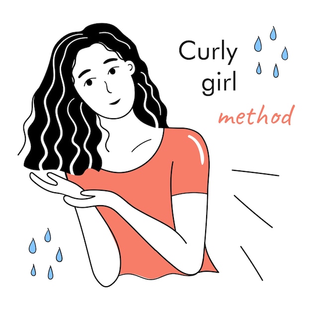 The girl takes care of her curly hair vector illustration curly girl method conceptdoodle style pos