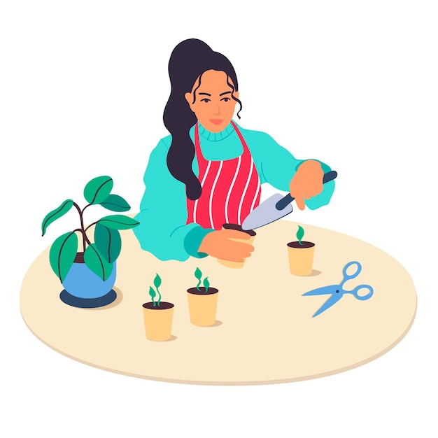 The girl takes care of indoor plants. vector illustration