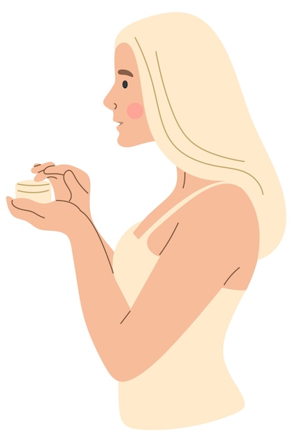 the girl takes the cream from the jar