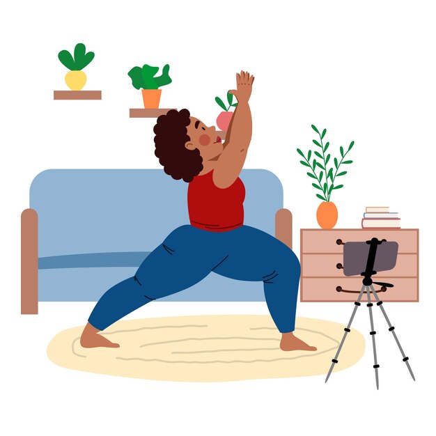 Vector the girl takes online classes on the phone does yoga the concept of stay at home