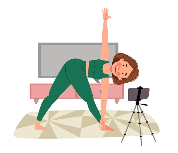 La ragazza prende lezioni online al telefono, fa yoga. il concetto di stare a casa.