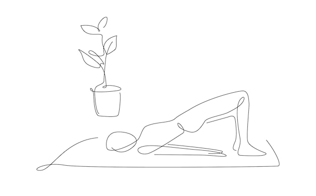 Girl takes yoga bridge pose woman makes pilates poses at home vector one line illustration