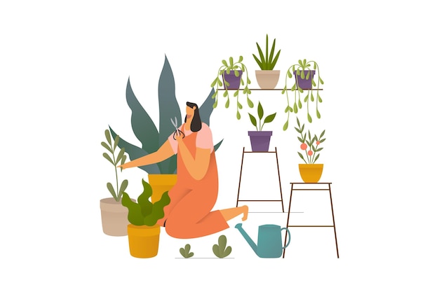 Vector girl taking care houseplants cartoon illustration