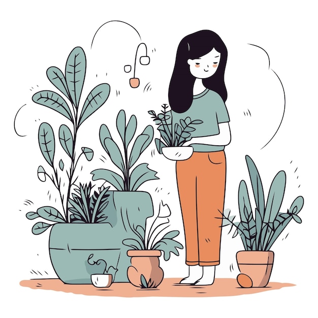 Girl taking care of houseplants in cartoon style