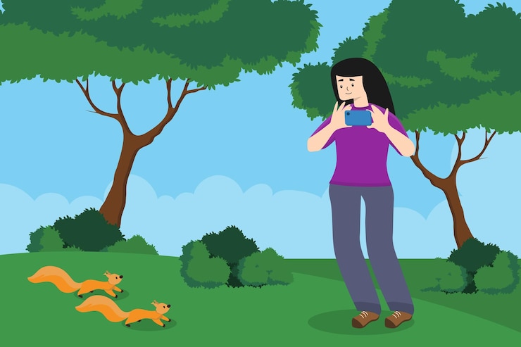 Vector girl taking photos with cell phone