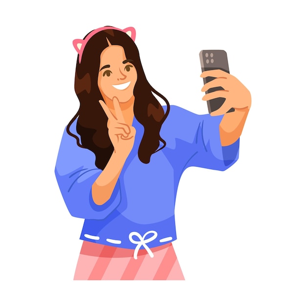 Girl taking selfie with peace sign gesture and cat ear headband vector illustration