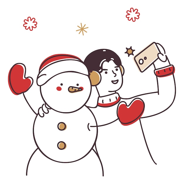 Girl taking selfie with snowman