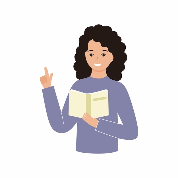 Girl teacher reads a book and holds her finger up. Vector flat character.