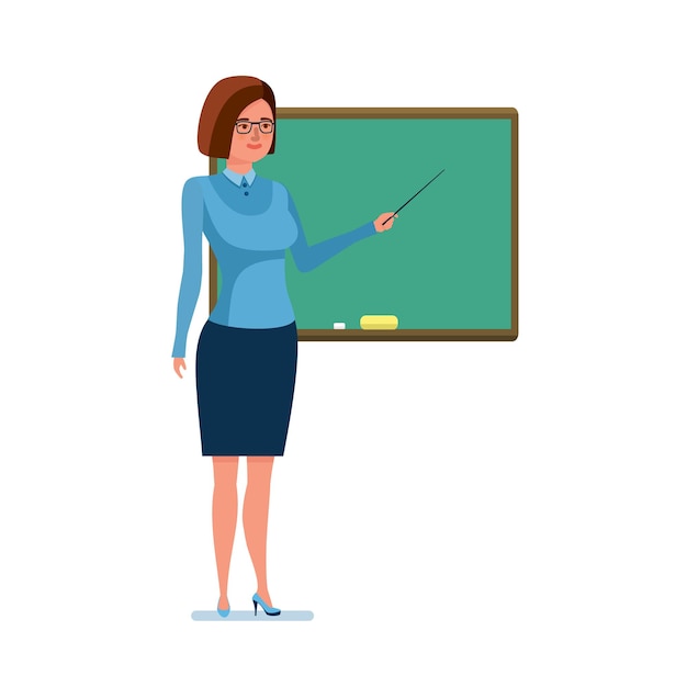 Vector girl teacher with school pointer in hand next to board