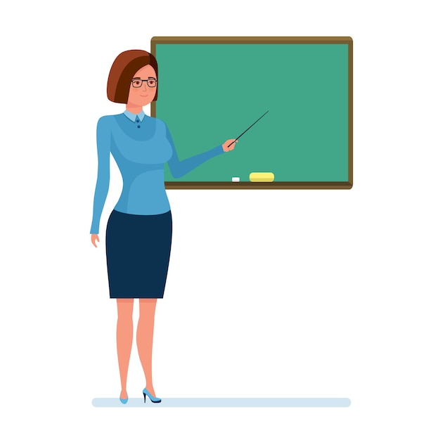 Vector girl teacher with school pointer in hand next to board