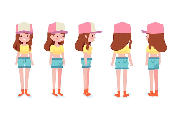 Vector girl teenager front side back view flat vector character for animation separate body parts