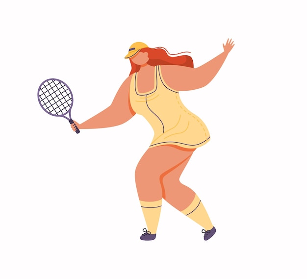 Girl in tennis clothes holds a racket and prepares to hit the ball illustration on white background