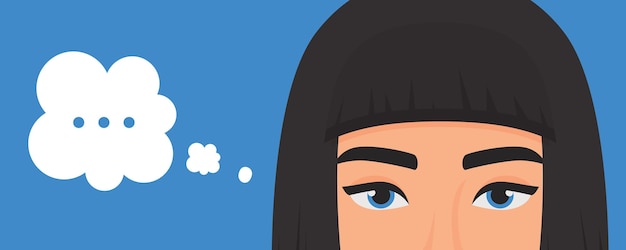 Vector girl thinking about problem with dots in think bubble expression portrait with eyes