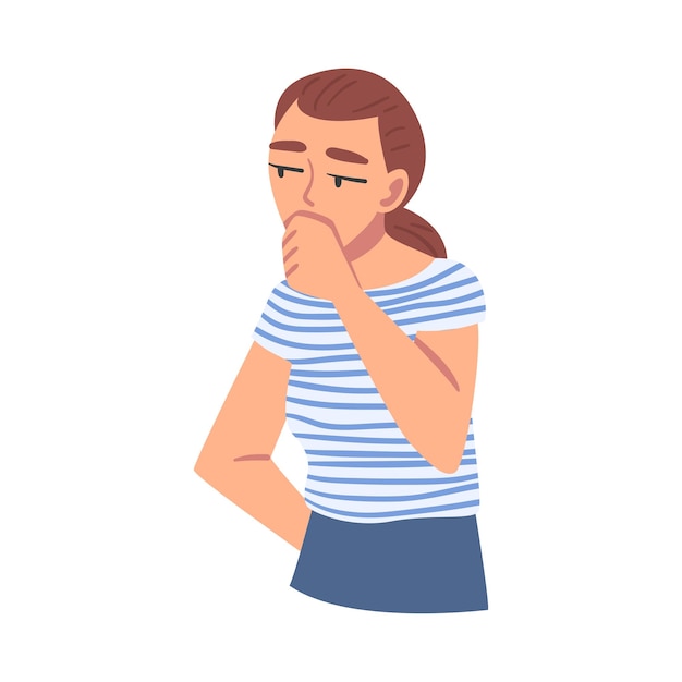 Girl Thinking or Solving Problem Portrait of Thoughtful Person Covering Mouth with Fist Cartoon Vector Illustration