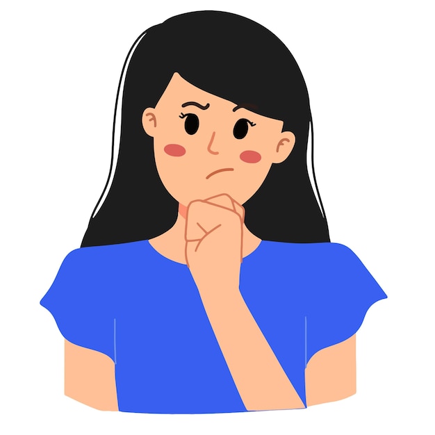 Vector girl thinking and wondering with hand on chin illustration