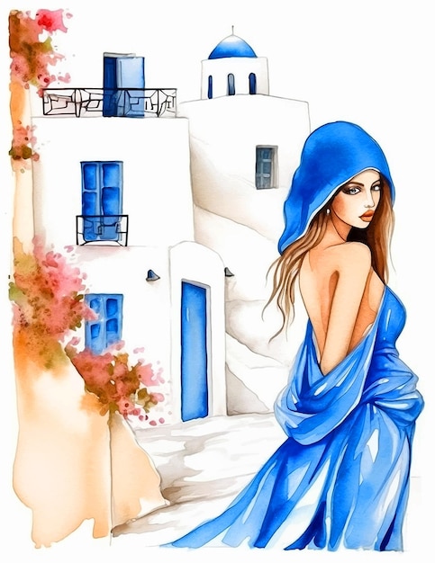 Vector girl in a tourist town watercolor paint