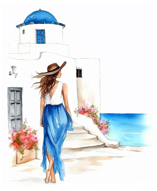 Vector girl in a tourist town watercolor paint