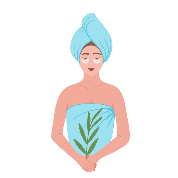 Vector girl in towel woman with a towel on the head after shower or bath illustration for spa beauty printing backgrounds greeting cards textile seasonal design isolated on white background