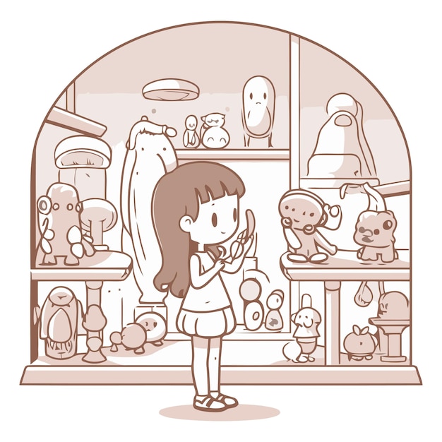 Vector girl and toys in the bathroom cartoon style