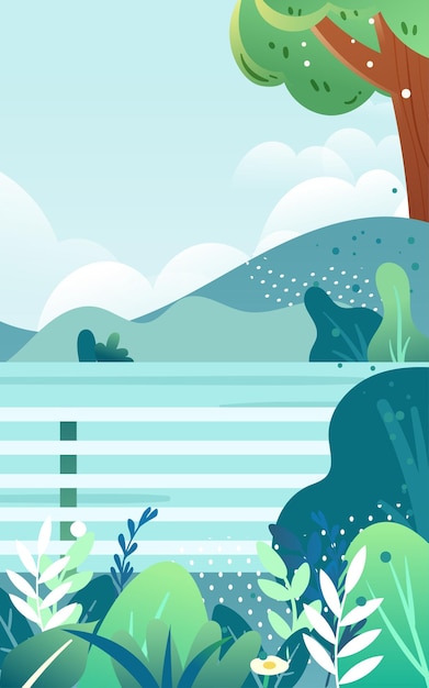 Vector girl travels and travels with a suitcase against the background of mountains and river vector illus