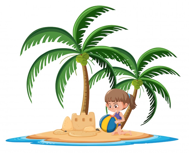 Girl on the tropical island building sand castle cartoon character on white background